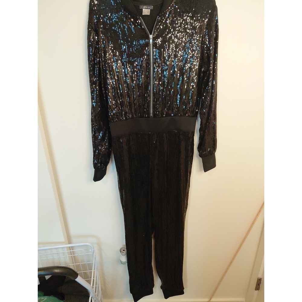 Venus Black Sequin One Piece Jumpsuit/Romper Zip Front Disco Hip Hop Sexy Medium
